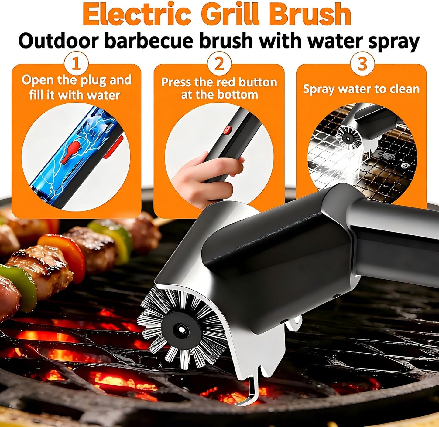 Electric Grill Brush with Water Spray & LED Light, 2600mAh Rechargeable BBQ Cleaner with 2 Speed Modes, 100 Mins Runtime, 304 Stainless Steel Heat Resistant Grill Brush for Outdoor Camping