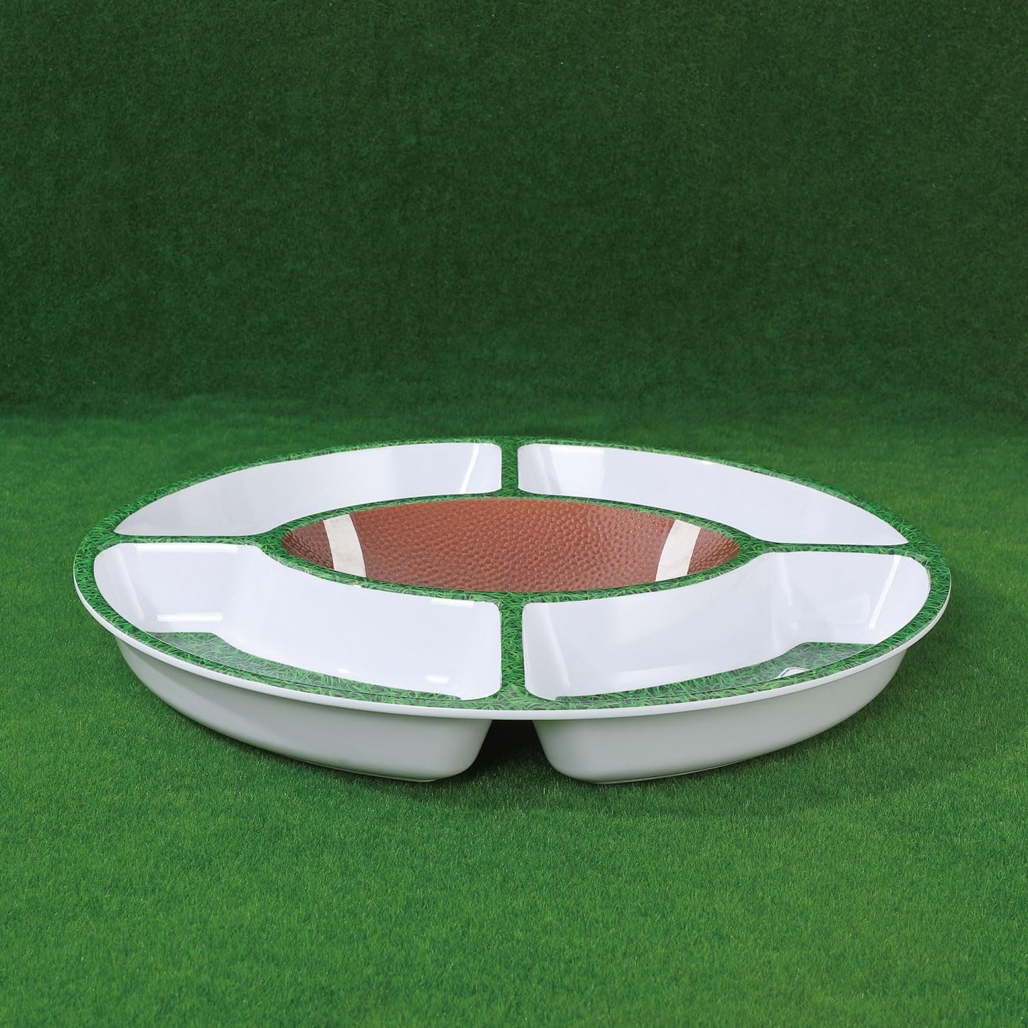 UP Football-Themed Melamine 5-Section Snack Platter, Round Divided Game Day Serving Tray with Green Field Design, for Chips and Dip, Sweets, and Appetizers, 15 Inch