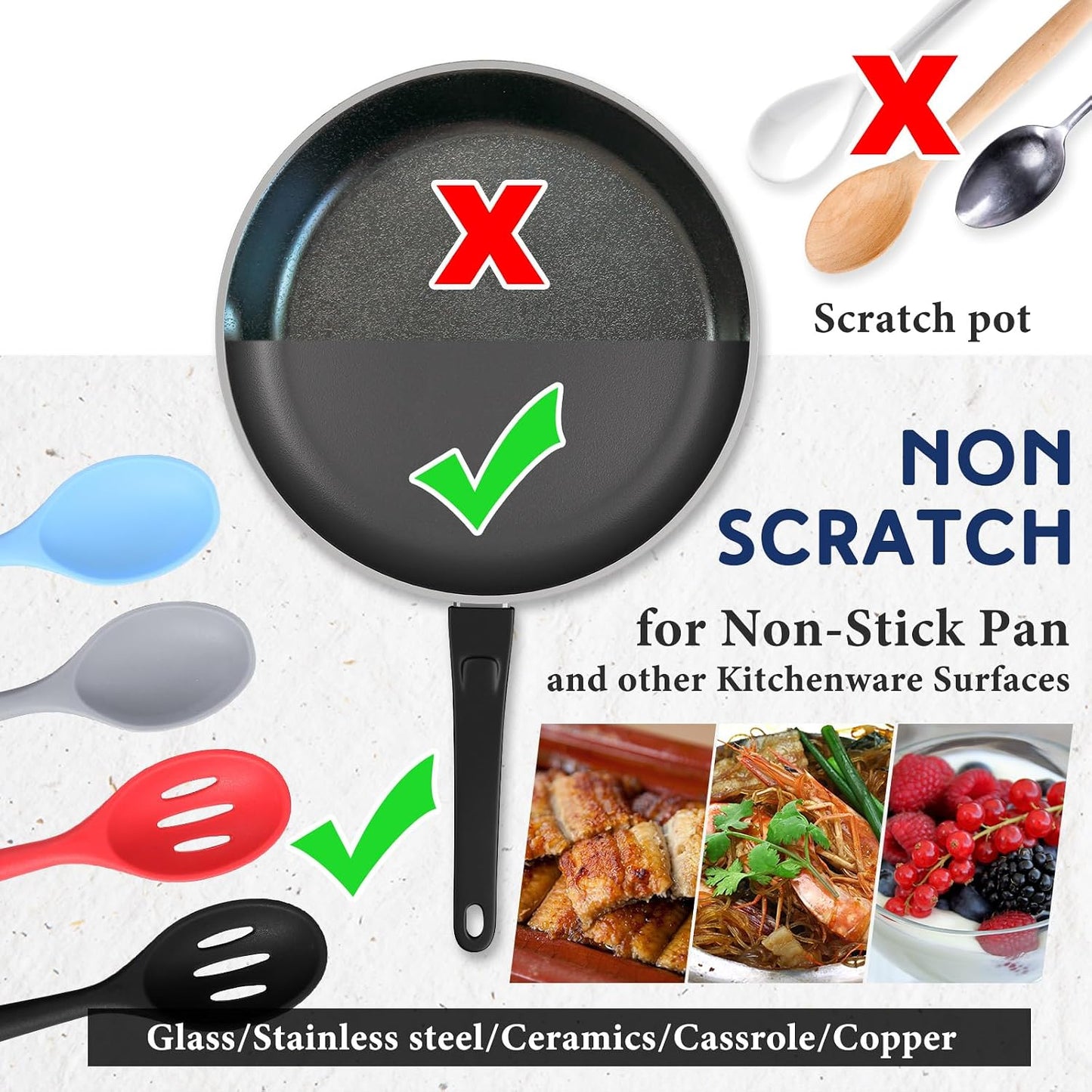 Boao 4 Pcs Silicone Spoons for Cooking 10.6 Inch Large Nonstick Serving Spoons Heat Resistant Slotted Spoon for Mixing & Stirring Kitchen Cooking Utensils, Dishwasher Safe(Black)