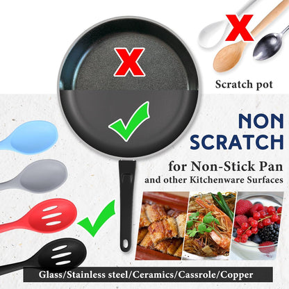 Boao 4 Pcs Silicone Spoons for Cooking 10.6 Inch Large Nonstick Serving Spoons Heat Resistant Slotted Spoon for Mixing & Stirring Kitchen Cooking Utensils, Dishwasher Safe(Black)
