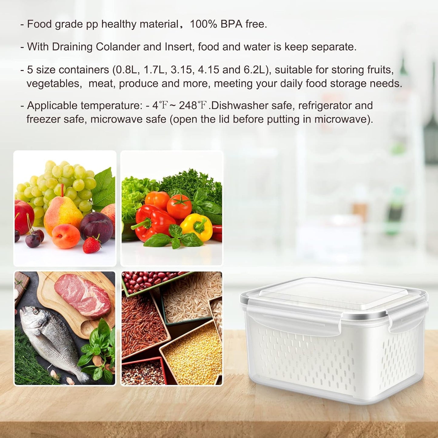 10 Pieces Fruit Storage Container for Fridge, 5 Pack Plastic Fruit Containers for Fridge with Removable Colander, Container for Fruit Berry Salad, BPA Free Kitchen Refrigerator Organizers