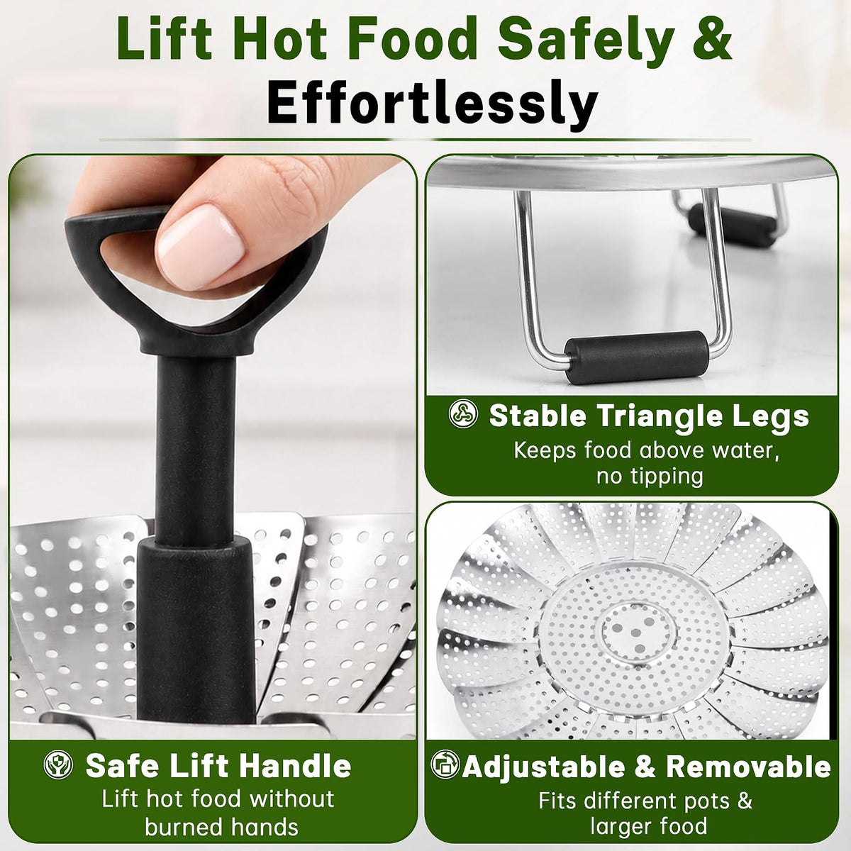 Steamer Basket for Pot, Stainless Steel Vegetable Steamer Basket for Cooking with Folding Expandable Design and Extendable Handle, Fits Various Size Pots, 5.1–9 Inch