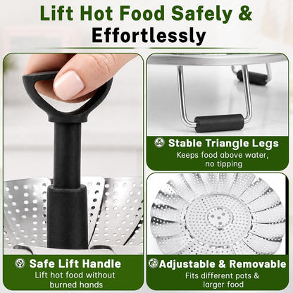 Steamer Basket for Pot, Stainless Steel Vegetable Steamer Basket for Cooking with Folding Expandable Design and Extendable Handle, Fits Various Size Pots, 5.1–9 Inch