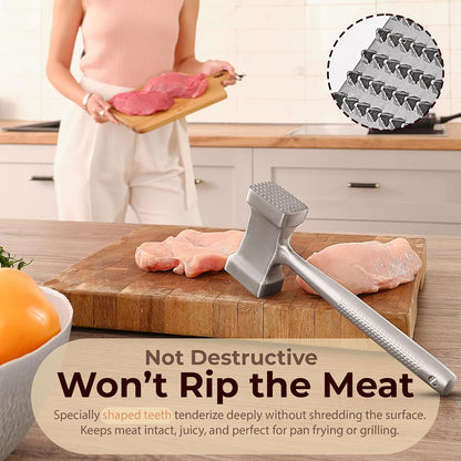 Stainless Steel Meat Mallet Hammer Tenderizer, Textured Grip Meat Mallet Tenderizer, 1.1lb Single-Piece Chicken Pounder, Large Surface Meat tenderizer Tool, 5-Year Warranty, Ablandador de carne