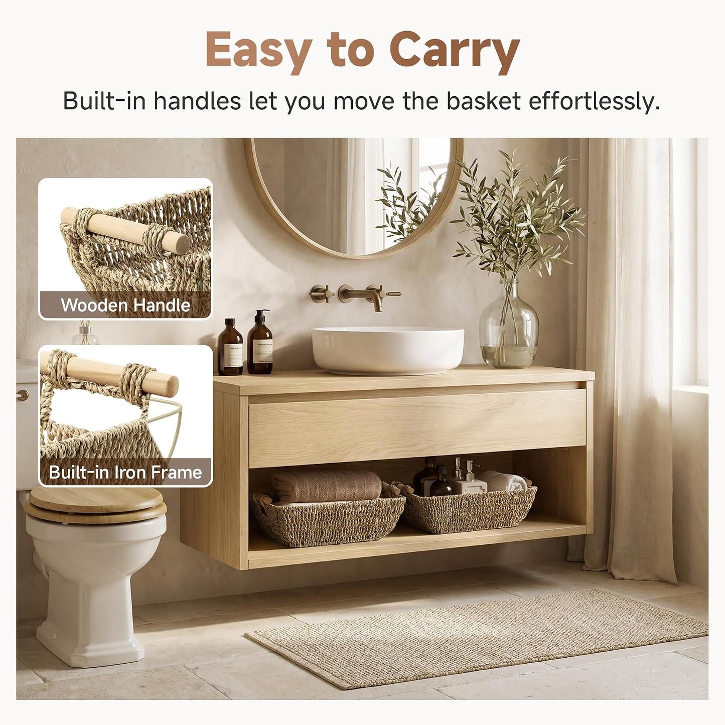 StorageWorks Hand-Woven Storage Baskets with Wooden Handles, Water Hyacinth Wicker Baskets for Organizing, 2 Pack
