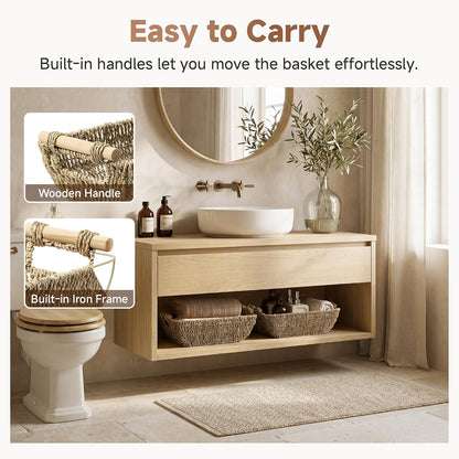 StorageWorks Hand-Woven Storage Baskets with Wooden Handles, Water Hyacinth Wicker Baskets for Organizing, 2 Pack
