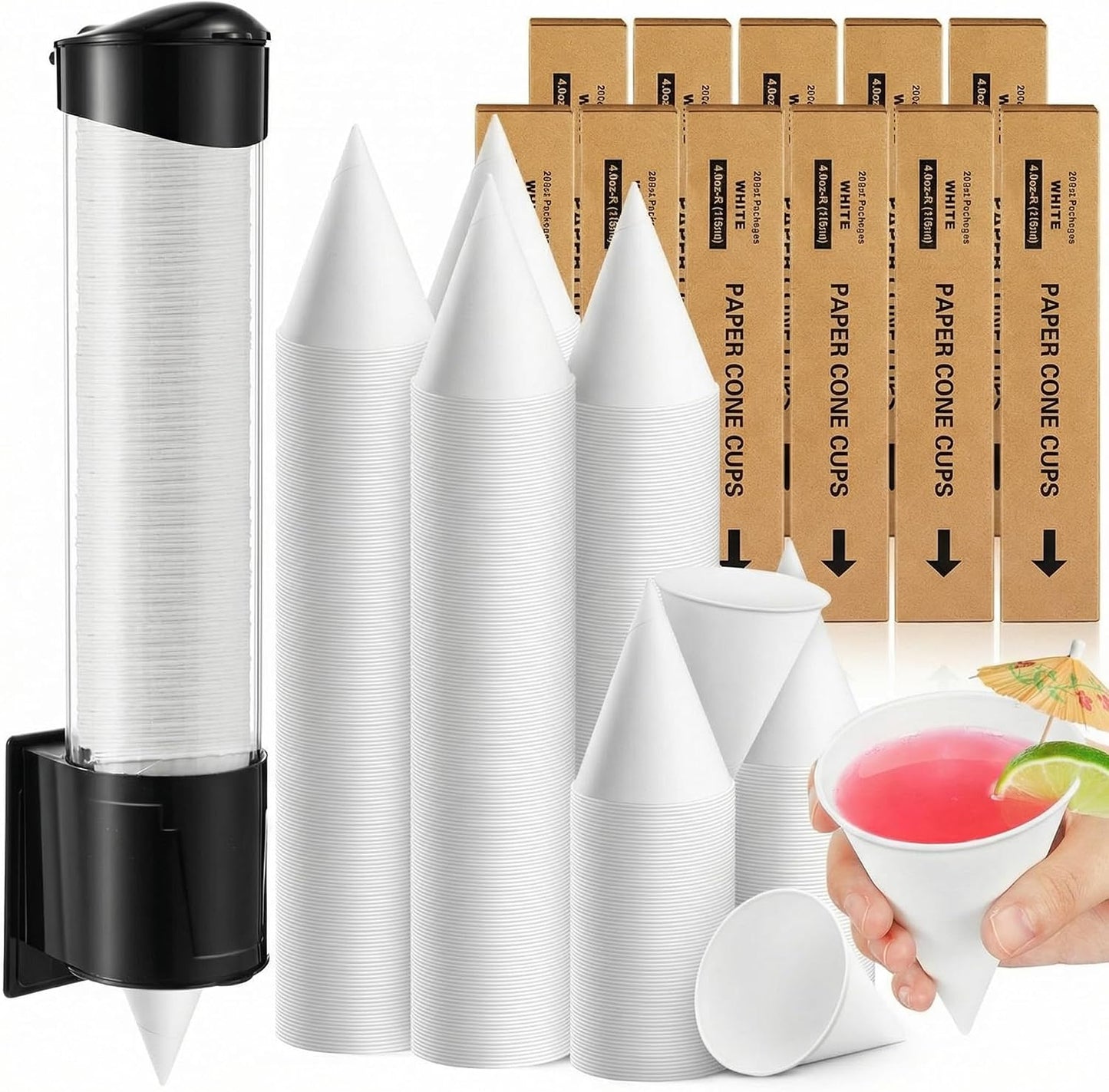 Roshtia 600 Pcs 4 oz Snow Cone Cups Paper Thicken Disposable with 1 Cups Dispenser Pull Type Wall Mount Cup Holder Paper for Restaurants, Home, and Office, and Shaved Ice, Cold (Black)