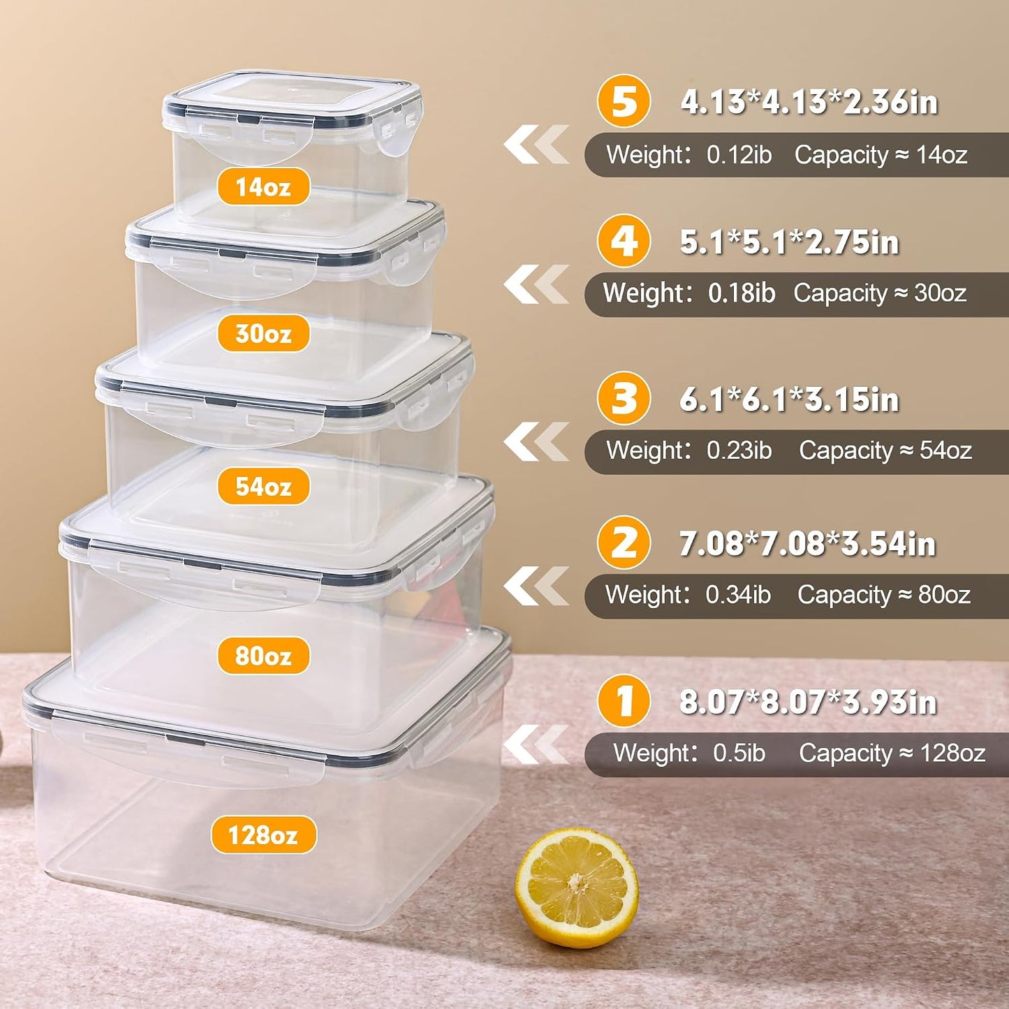 CLWVPCOT 5 Pack Large Food Storage Containers with Leak-Proof Lids, Stackable Kitchen Storage Bowls Sets (14/30/54/80/128 oz), Reusable Meal Prep Plastic Containers, BPA-Free, Dishwasher Safe