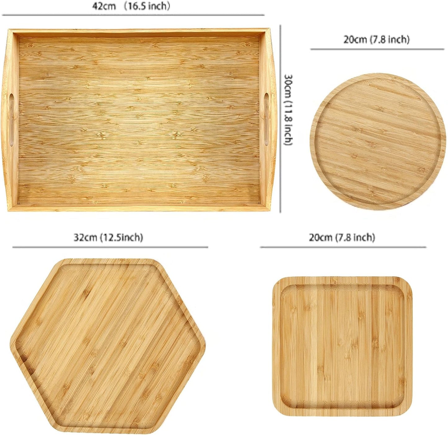 Bamboo Serving Trays Charcuterie Platter 16.5"x11.8"（42x30cm with Handle, Set Includes 1xHexagon 12.5"(32cm)+1xSquare 7.8"(20cm)+1xSquare 5.9"(15cm) Small Plates for Family Dinner