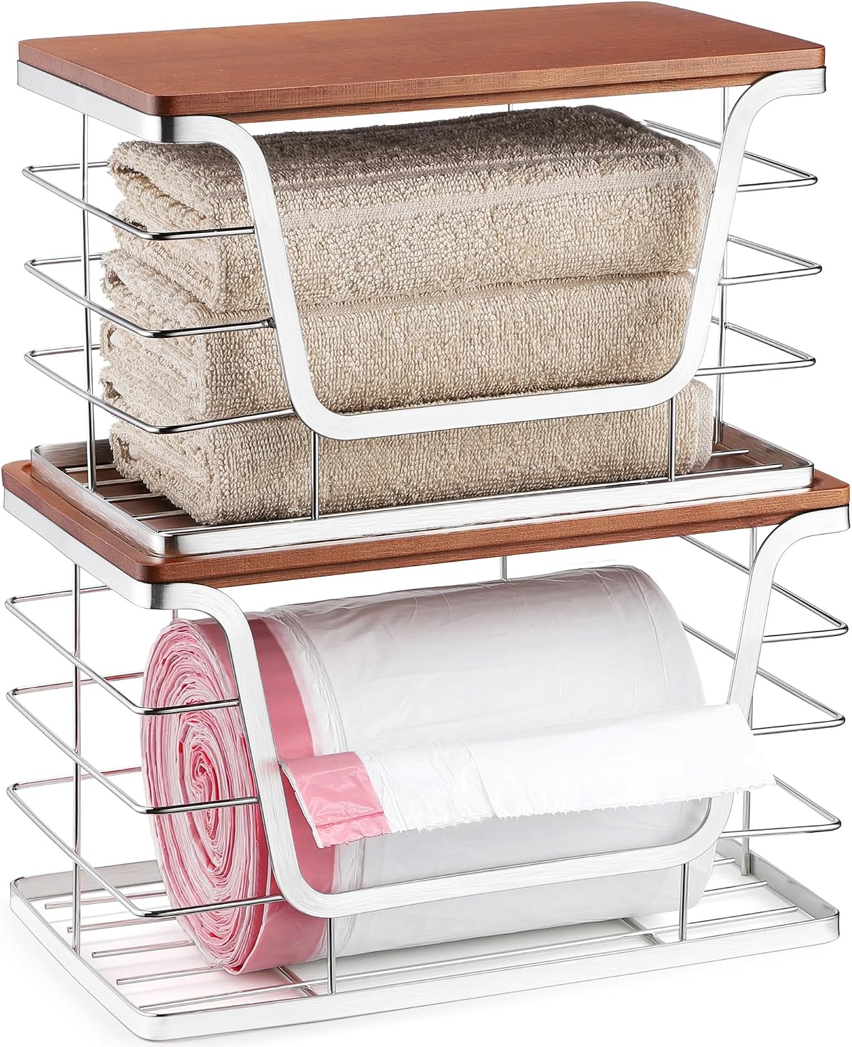 ALOCEO 2 Pack Stackable Wire Storage Basket with Bamboo Lid, Trash Bag Dispenser Under Sink for 4-13 Gal Bags, Kitchen Storage Bins for Potato and Onion, Brown