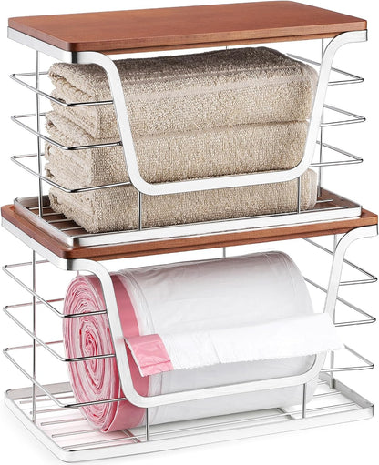 ALOCEO 2 Pack Stackable Wire Storage Basket with Bamboo Lid, Trash Bag Dispenser Under Sink for 4-13 Gal Bags, Kitchen Storage Bins for Potato and Onion, Brown