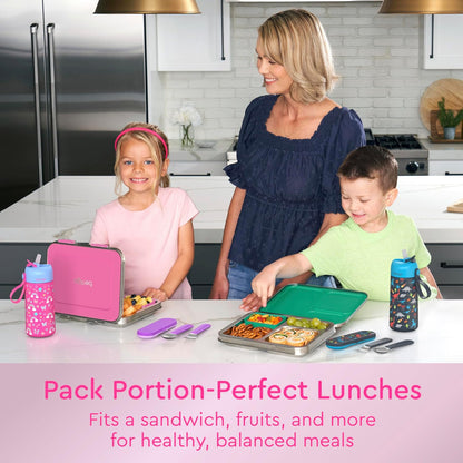 Bentgo Kids Stainless Steel Leak-Resistant Lunch Box - 3-Compartments with Bonus Silicone Container, Durable, Eco-Friendly, Dishwasher Safe, BPA-Free, Ideal for School, Ages 3+ (Silver)