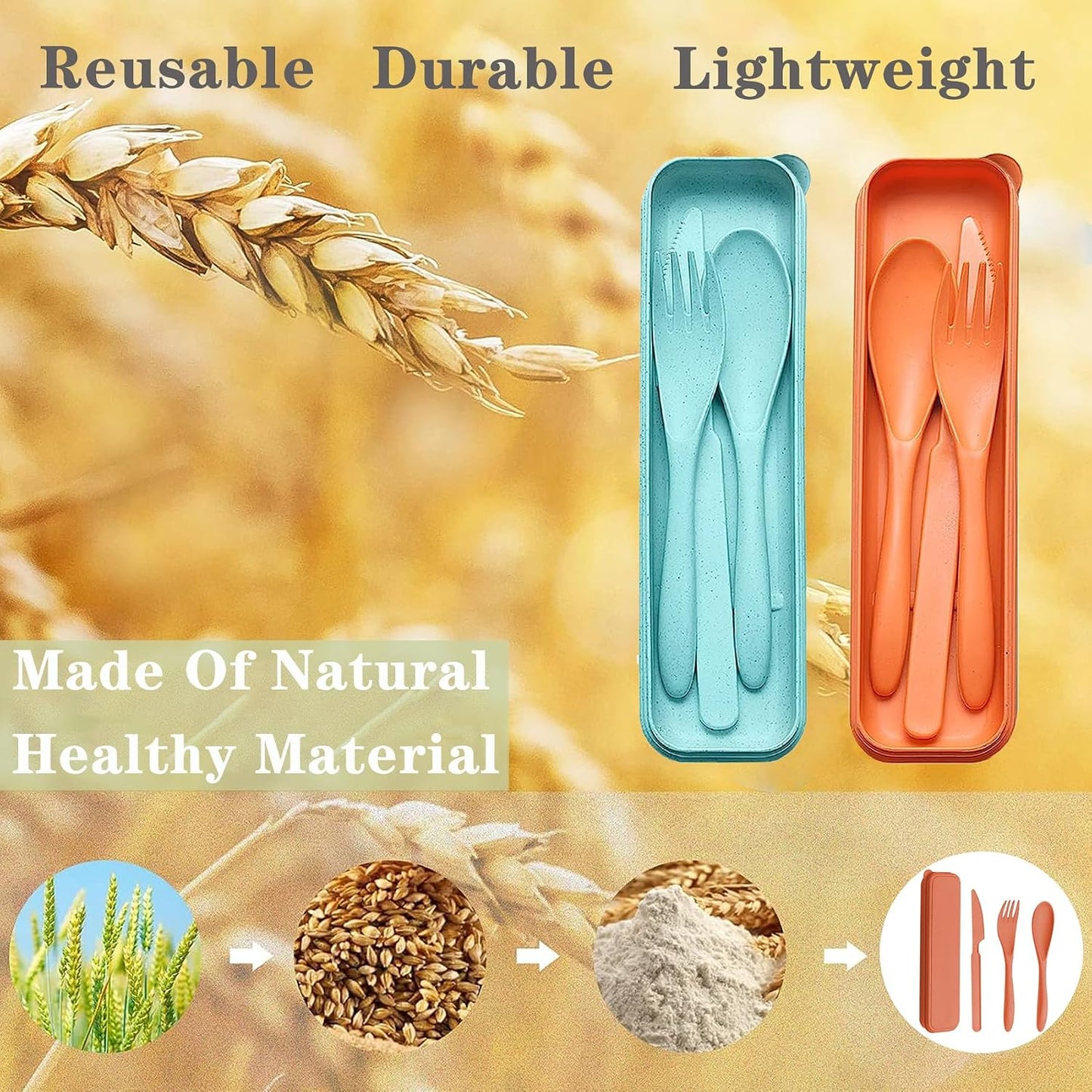 Reusable Travel Utensils Set with Case, 2 Sets Wheat Straw Portable Plastic Fork Spoons Knife Cutlery, Camping Eco-Friendly BPA Free Tableware for Kids Adults Work Picnic or Daily Use (Pink)
