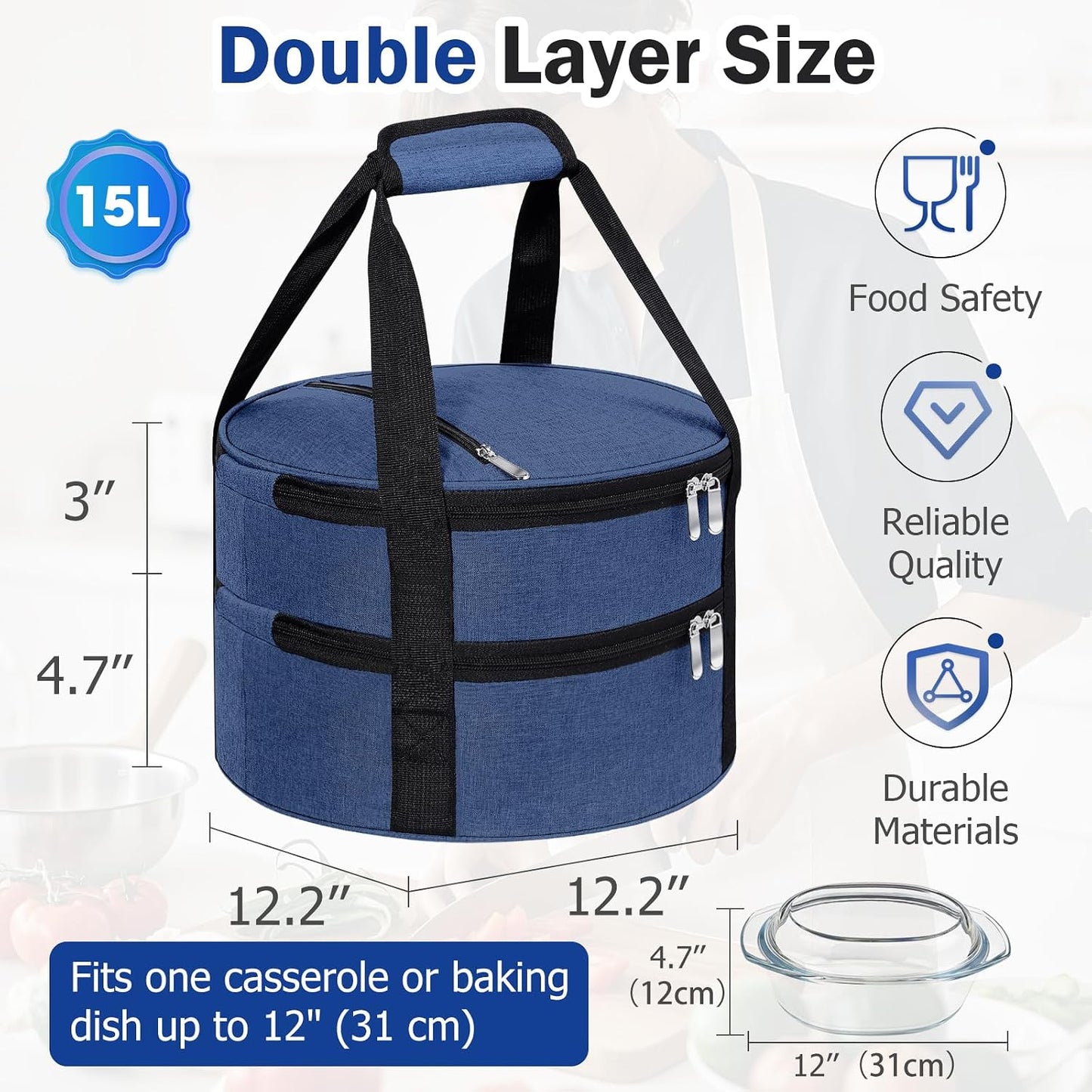 Round Insulated Casserole Carrier – 12" Portable Pie Carrier Bag for Hot or Cold Food, Leakproof Thermal Lunch Tote with Handle for Parties Picnic & Travel - Grey