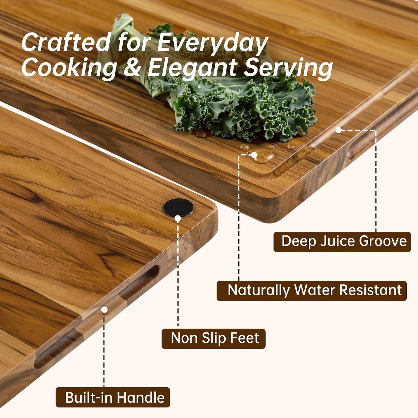 THETCHRY Teak Wood Cutting Board Set of 3 Wooden Cutting Boards for Kitchen | Premium Teak Wood • FSC Certified • Deep Juice Groove • Built-In Handles • Non-Slip Feet • 3 Practical Sizes • Gift-Ready Box