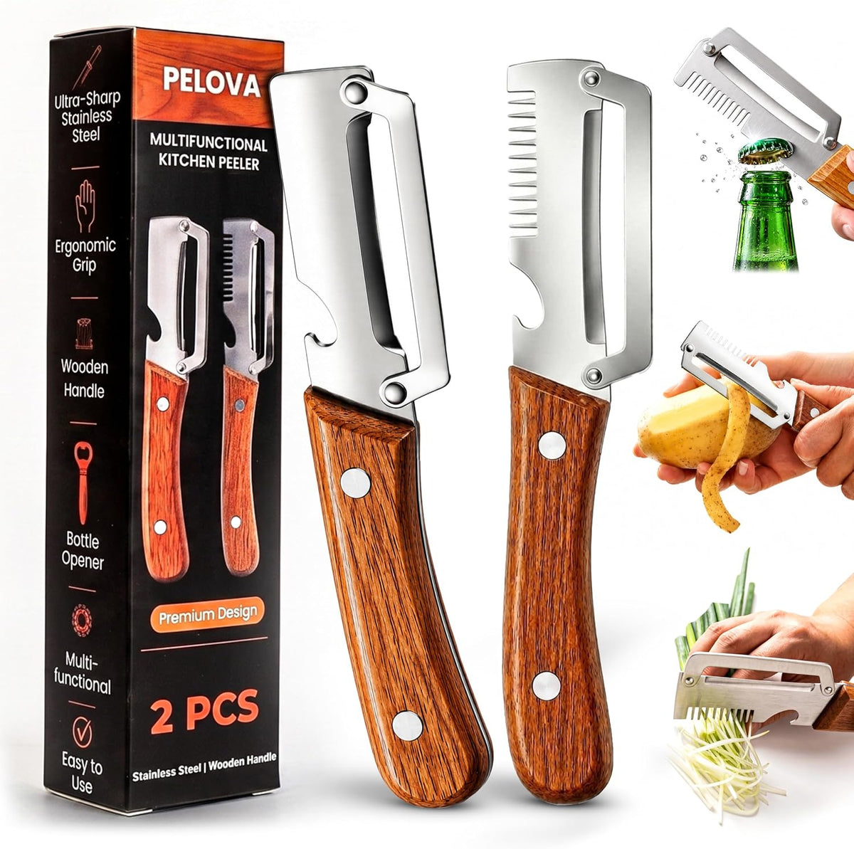 2Pcs Multifunctional Vegetable Peeler with Julienne Shredder, Bottle opener