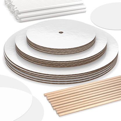 BluShore Cake Boards Tiering Kit - Cake Board 10 Inch, 8 Inch, and 6 Inch (5 Pieces Each) With Parchment Paper Rounds, Wooden Dowels, and Straw Dowels - Cardboard Cake Rounds Stacking Kit [130 Pieces]