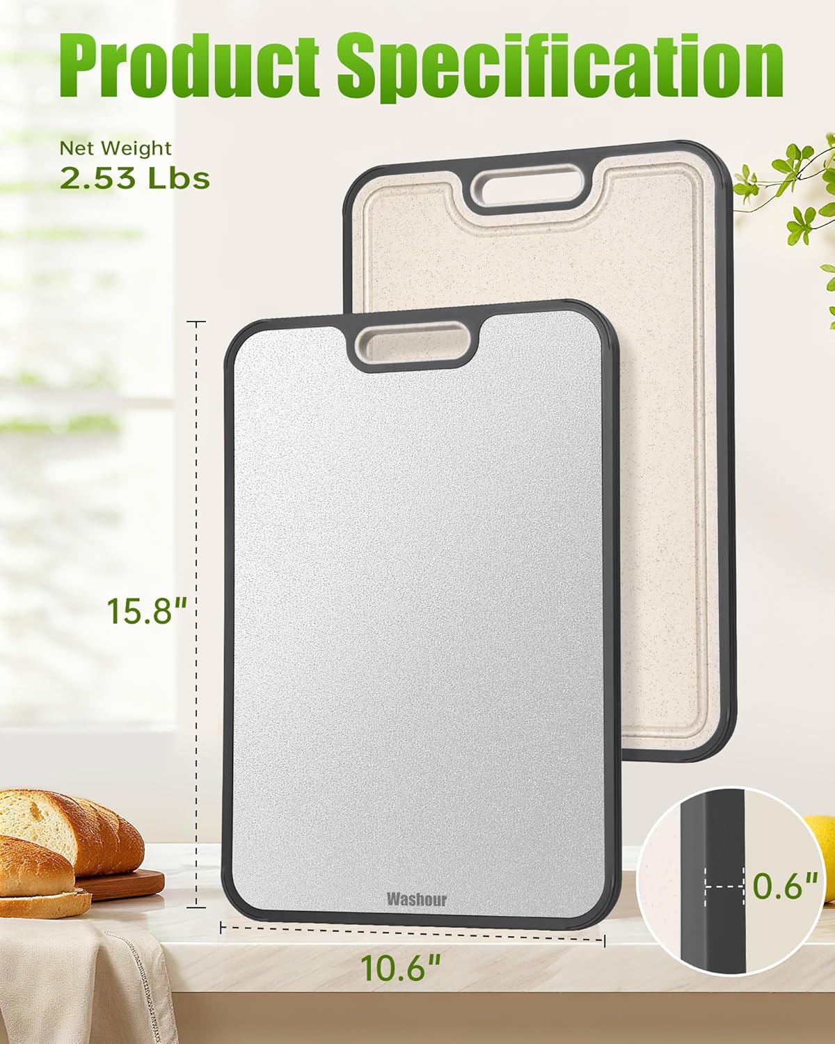 Titanium Cutting Boards for Kitchen, Non Toxic 2-in-1 Cutting Board Double Sided, Food Grade Chopping Boards for Fresh Meat Vegetable, Easy to Clean Large Size 16”×11”