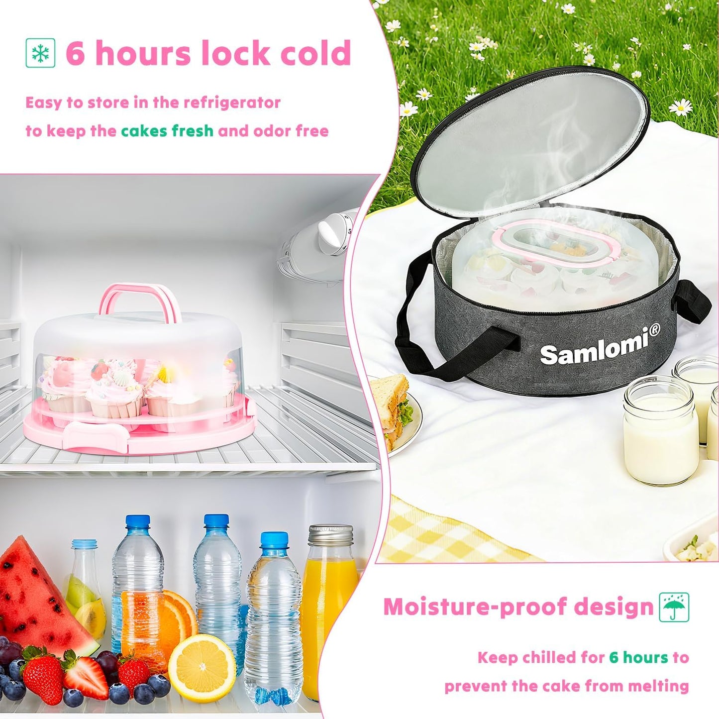 Cake Carrier with Lid and Handle, Bpa-Free Cake Holder with Lid for 10 Inch Round Cake Carrier with 10 pcs Round Golden Cake Boards and Portable Insulated Bag & Two Boxes of Cupcake Paper Liners