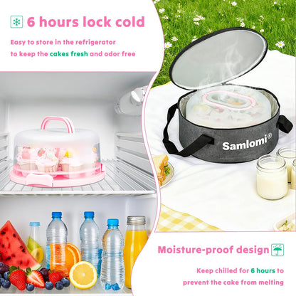 Cake Carrier with Lid and Handle, Bpa-Free Cake Holder with Lid for 10 Inch Round Cake Carrier with 10 pcs Round Golden Cake Boards and Portable Insulated Bag & Two Boxes of Cupcake Paper Liners