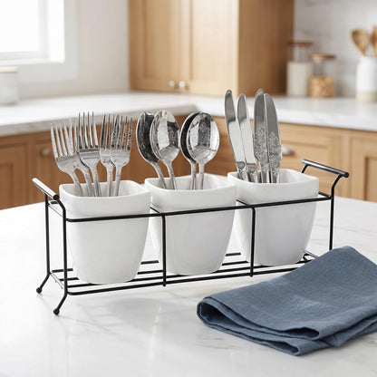Bekith 3-Piece Ceramic Flatware Caddy with Metal Rack, Utensil Holder Silverware Caddy Cutlery Organizer, White