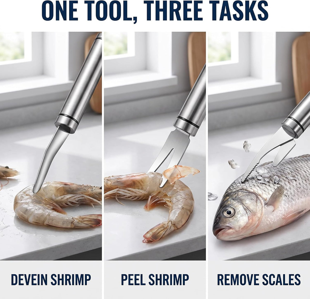 Shrimp Deveining Tool, 2025 New 5 in 1 Multifunctional Shrimp Line Fish Maw Knife with Cleaning Cloth, 304 Stainless Steel Shrimp Peeler, Fish Scale Remover, Kitchen Fish and Shrimp