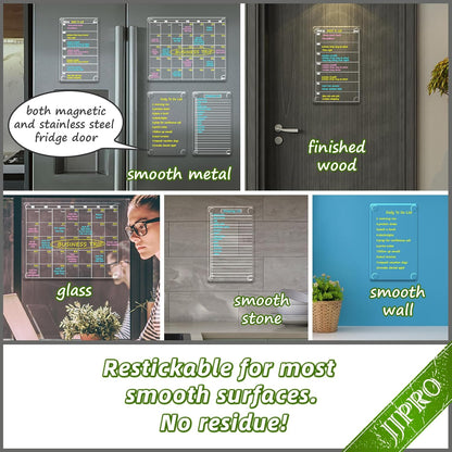 JJPRO Non-Magnetic Clear Weekly Planner & to Do List for Fridge, 8.5"x13" Dry Erase to Do List WhiteBoard,Reuasble Weekly Calendar for Refrigerator,Cabinet,Wall&Glass, All Smooth Surfaces