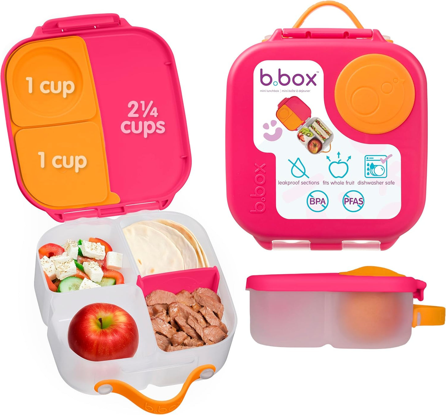b.box Mini Lunch Box 2-Pack, Leak Proof Bento Box for Kids, 3 Compartment Snack Containers Ages 3+, Lunchbox for Daycare + School, Dishwasher Safe, BPA-Free, PFAS-Free, 4.25 Cup - Blue + Green