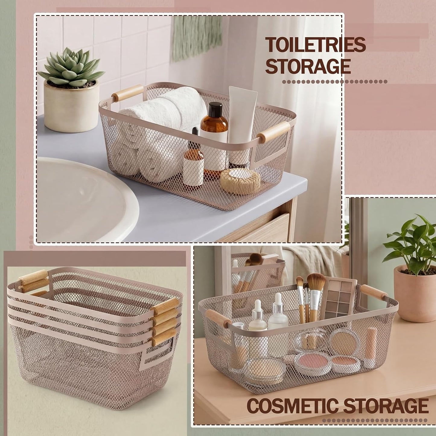 Mumufy 3 Pcs Metal Mesh Basket with Wooden Handles Wire Steel Organizer Bins Pantry Organizers Kitchen Baskets for Closet Cabinet Bathroom Fridge Food Snacks Organization (Warm Tapue,3 Sizes)