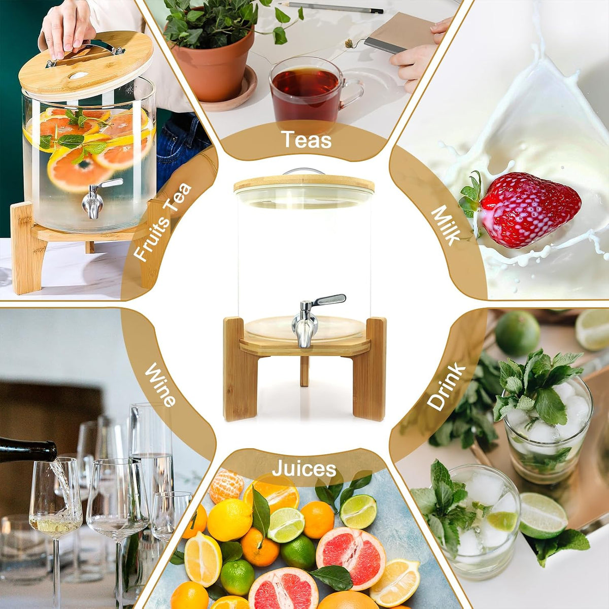 Glass Beverage Dispenser with Stand, 1.5 Gallons Glass Drink Dispenser-Beverage Dispenser with Wood Stand, Stainless Steel Spigot for Parties,Bars,Restaurants
