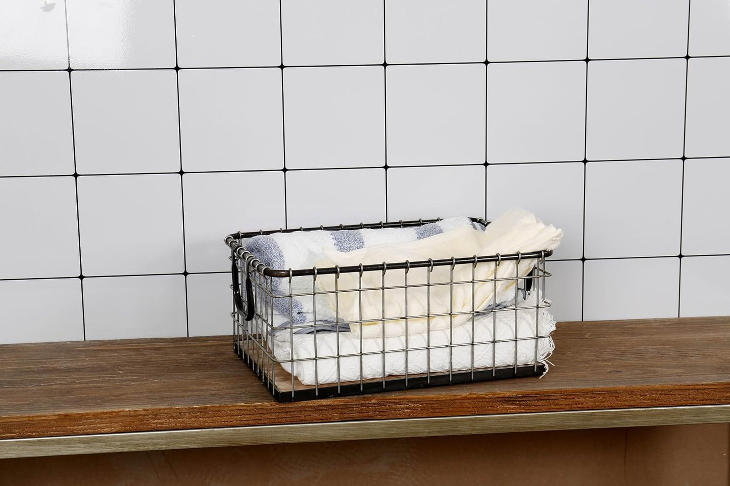 11.5" Wide Rectangular Sturdy Hand Welded Farmhouse Metal Wire Basket with Rustic Wooden Bottom For Shelves, Closet Storage Bins for Shelves. Also For Laundry, Towel, Spice Rack, Tool Box (11.5"x7")