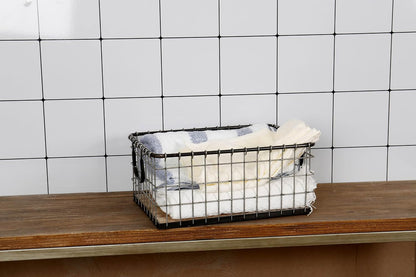 11.5" Wide Rectangular Sturdy Hand Welded Farmhouse Metal Wire Basket with Rustic Wooden Bottom For Shelves, Closet Storage Bins for Shelves. Also For Laundry, Towel, Spice Rack, Tool Box (11.5"x7")
