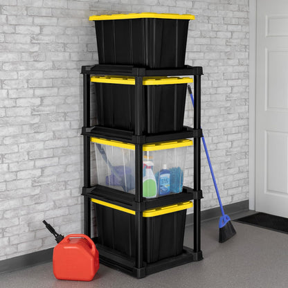 Sterilite 4-Pack 27 Gallon Industrial Storage Tote, Heavy-Duty Plastic Bins, Black/Yellow - Stackable Utility Organizers with Lids for Garage, Camping Tools, and Outdoor Gear
