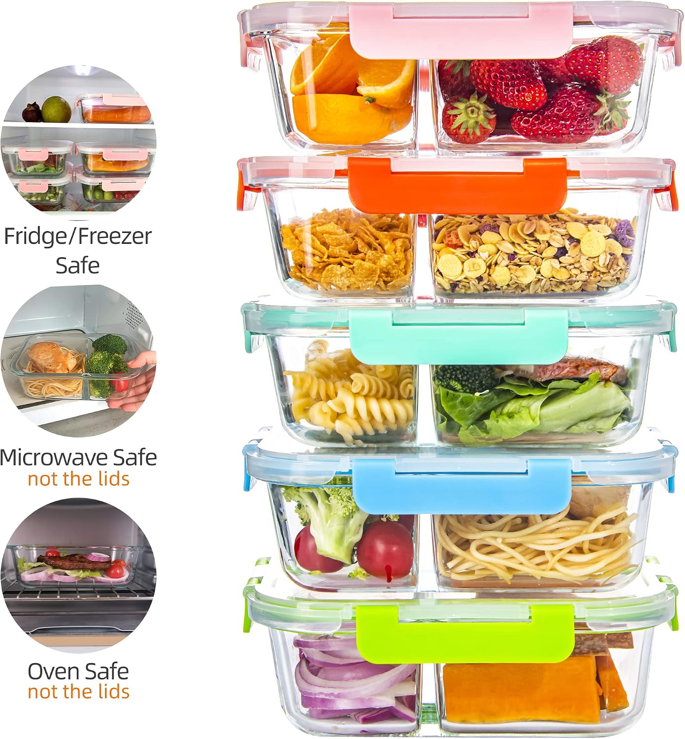 5 Pack Glass Meal Prep Containers 3 Compartment with Lids, Divided Glass Storage Containers with Silicone Sleeve for Lunch, Leak-Proof Portion Control Food Containers, Dishwasher Safe, 34 oz
