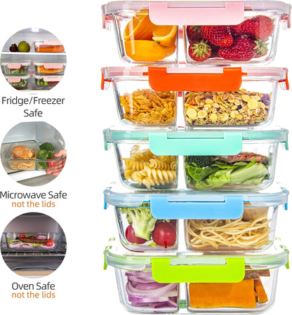 5 Pack Glass Meal Prep Containers 3 Compartment with Lids, Divided Glass Storage Containers with Silicone Sleeve for Lunch, Leak-Proof Portion Control Food Containers, Dishwasher Safe, 34 oz