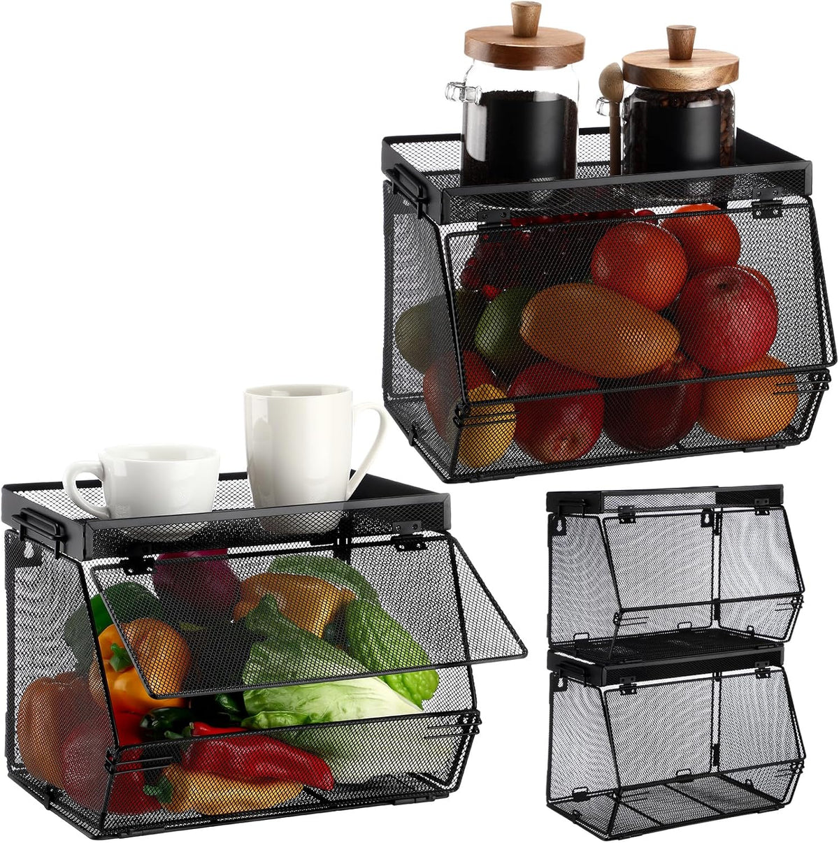 Teenyyou 2 Pcs Stackable Mesh Fruit Basket with Lid Wall Produce Vegetable Storage Basket Onion Potato Hanging Metal Wire Container for Kitchen Counter Pantry(Non-removable,Black,8.3" w & 13.8" l)