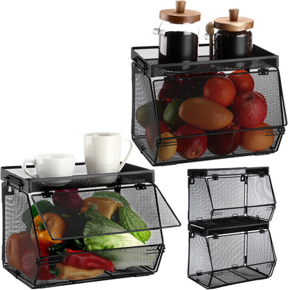 Teenyyou 2 Pcs Stackable Mesh Fruit Basket with Lid Wall Produce Vegetable Storage Basket Onion Potato Hanging Metal Wire Container for Kitchen Counter Pantry(Non-removable,Black,8.3" w & 13.8" l)