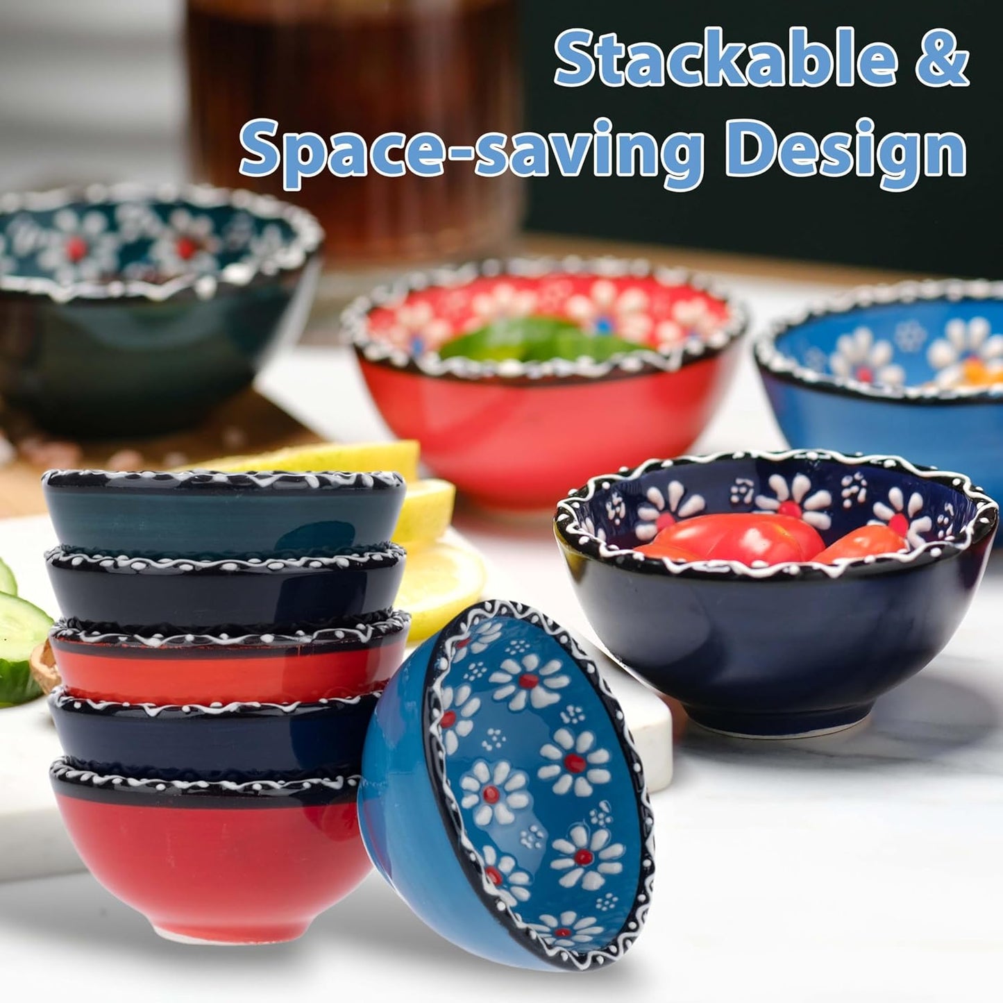 Ceramic Small Dipping Bowls Set of 6, 3.5 Oz Soy Sauce Dish, Handmade Charcuterie, Colorful Pinch, Dishwasher & Microwave Safe, 3.2'' Mini (SULTAN'S GARDEN)
