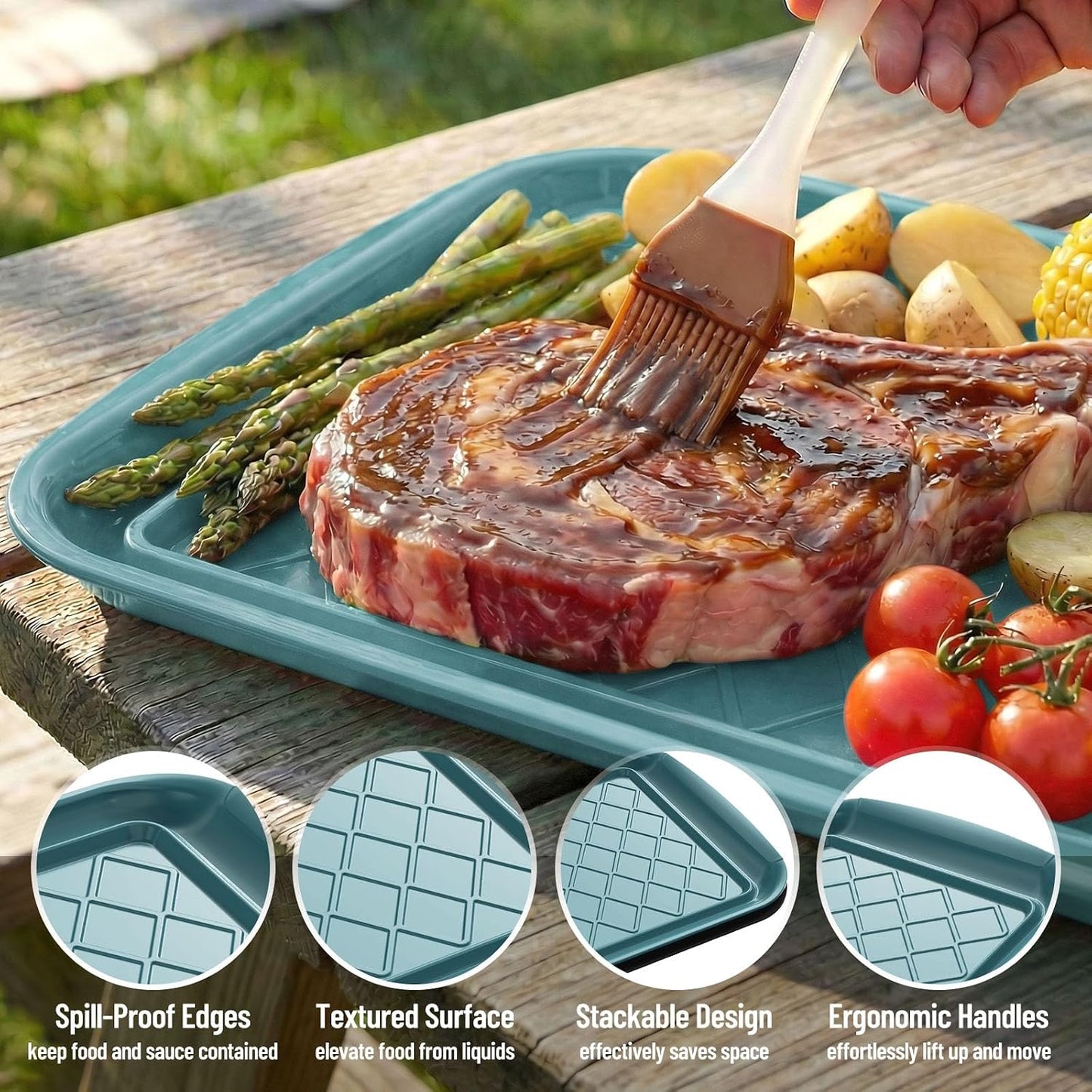 Grilling Prep & Serving Tray, Set of 2 Stackable Plastic BBQ Trays for Raw and Cooked Food, Dishwasher Safe, 17"×10.5" Outdoor Cooking, BBQ Accessories for Parties, Green & Black