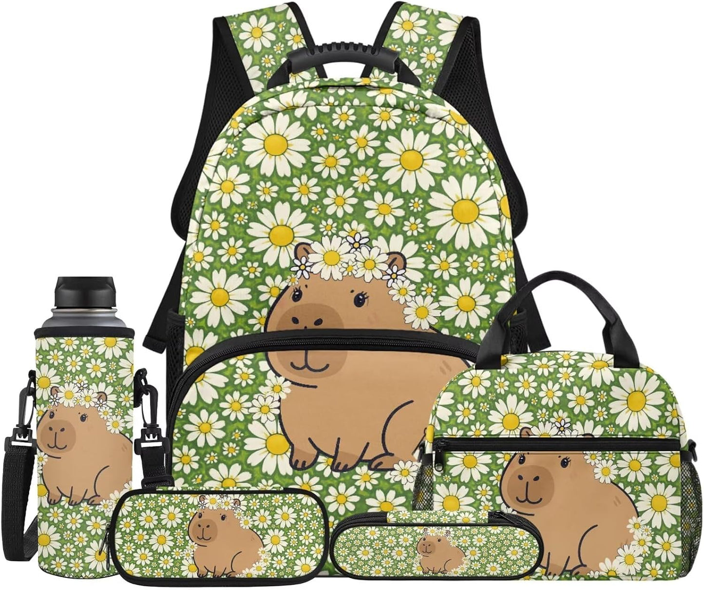 Cute Capybara Pizza Backpack for Girls, 5 Pcs Boys School Bag Set for Kids, 17 Inch Backpacks Lunch Pencil Box Reusable Utensils Case Set for Middle Elementary School, 3rd Grade Backpack