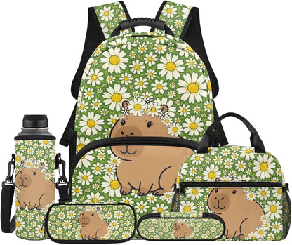 Cute Capybara Pizza Backpack for Girls, 5 Pcs Boys School Bag Set for Kids, 17 Inch Backpacks Lunch Pencil Box Reusable Utensils Case Set for Middle Elementary School, 3rd Grade Backpack
