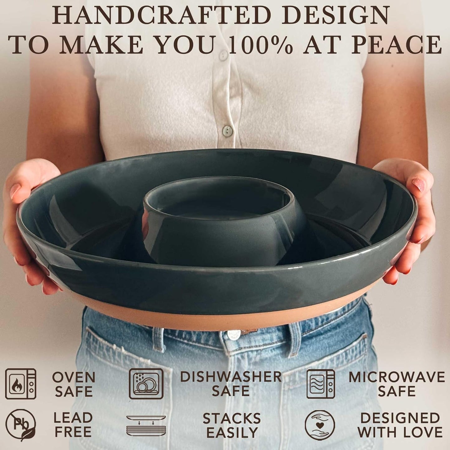Mora Ceramic Chips and Dip Serving Tray: Large Divided Party Bowl Set for Chips & Salsa, Veggies & Dip, Fruit, Snacks, Entertaining, Hosting, etc. Minimalist Design for the Modern Hostess - White