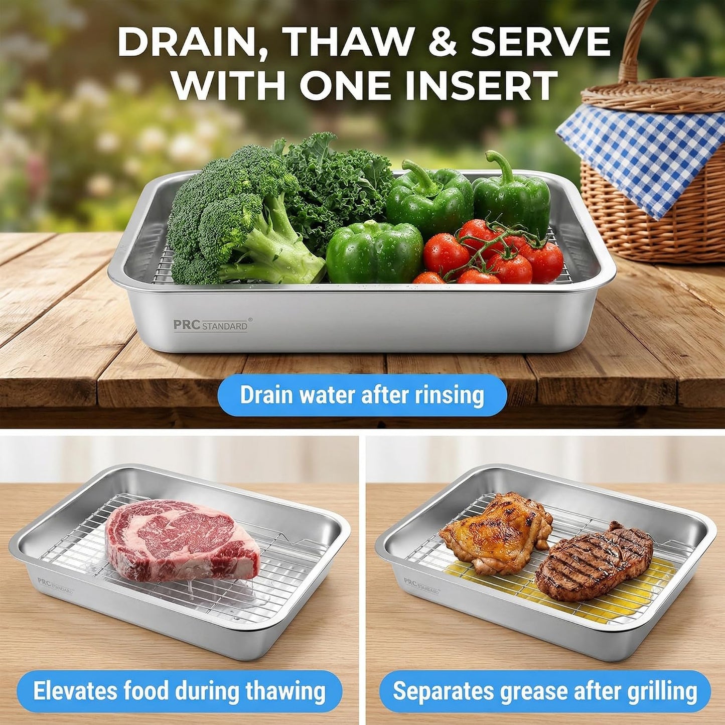 Grilling Prep and Serve Trays with Spill-Reducing Lids, 304 Stainless Steel BBQ Grill Carry System with Drain Board & Acacia Cutting Board