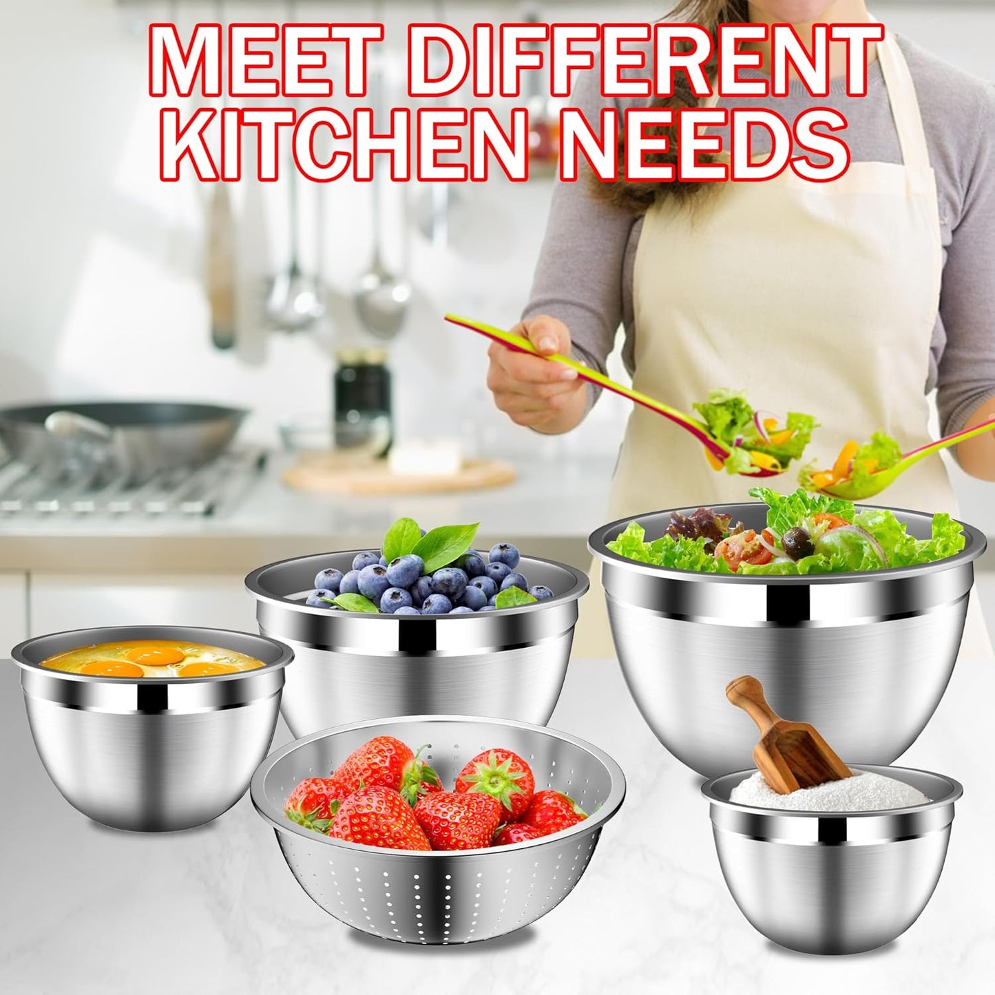 DUTZUN Mixing Bowls with Lids Set - 16pcs Stainless Steel Mixing Bowl Set with Colander, 3 Grater Attachments, Non-Slip Bottom, Metal Nesting Bowls with Strainer for Mixing & Serving - Black