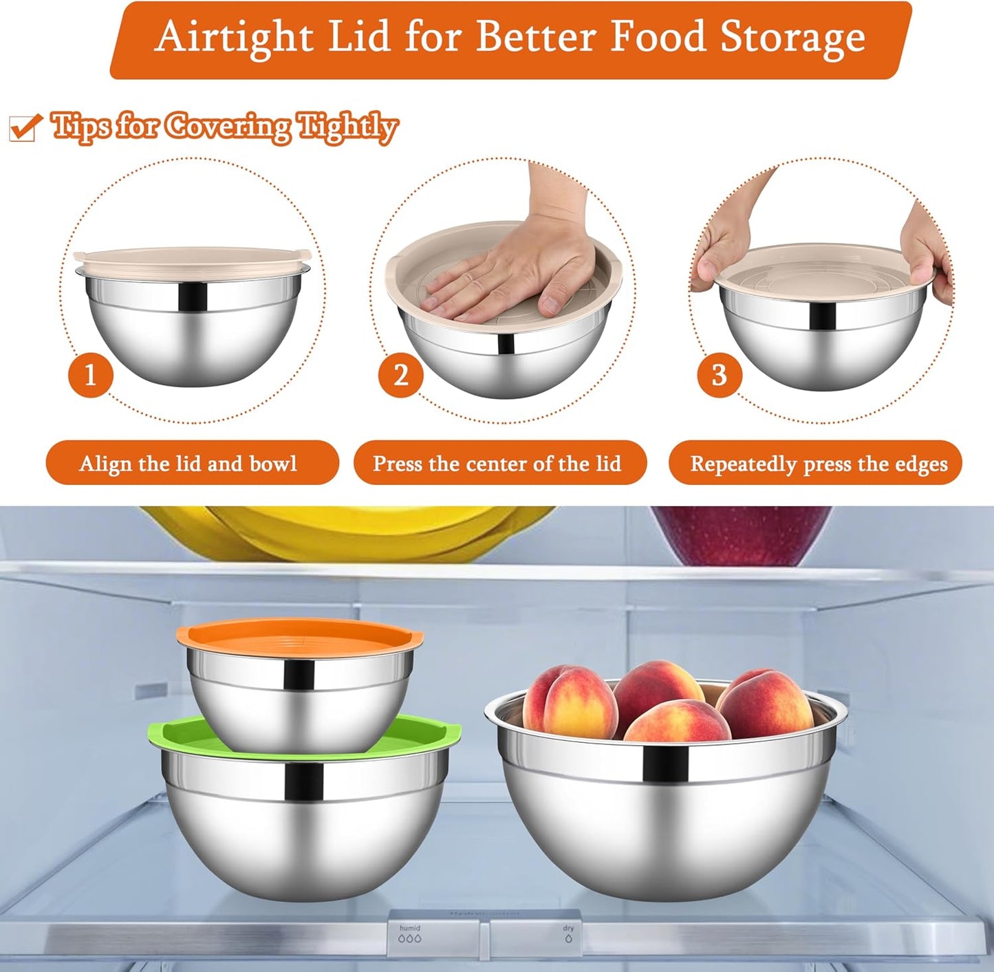 LIANYU Mixing Bowls with Airtight Lids Sets, 3 Packs Stainless Steel Metal Mixing Bowls, Ideal for Prepping, Cooking, Storage, Serving, Freezer & Dishwasher Safe, Khaki