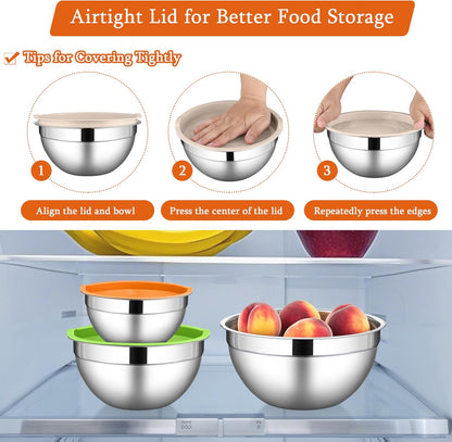 LIANYU Mixing Bowls with Airtight Lids Sets, 3 Packs Stainless Steel Metal Mixing Bowls, Ideal for Prepping, Cooking, Storage, Serving, Freezer & Dishwasher Safe, Khaki