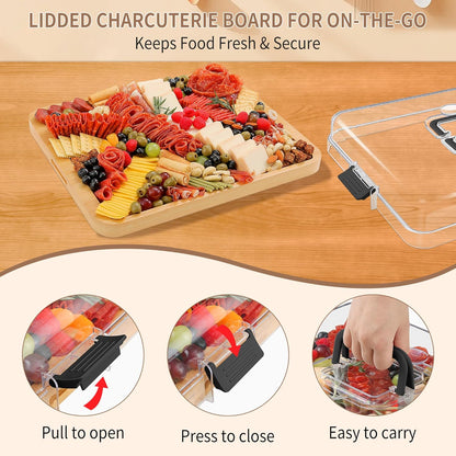 CAWIU Portable Travel Charcuterie Board with Lid and Handle - Large Bamboo Cheese Board with 4 Cheese Knife Set for Outdoor, Picnics - Weddings, House Warming Gift for Women (1 Compartment, White)