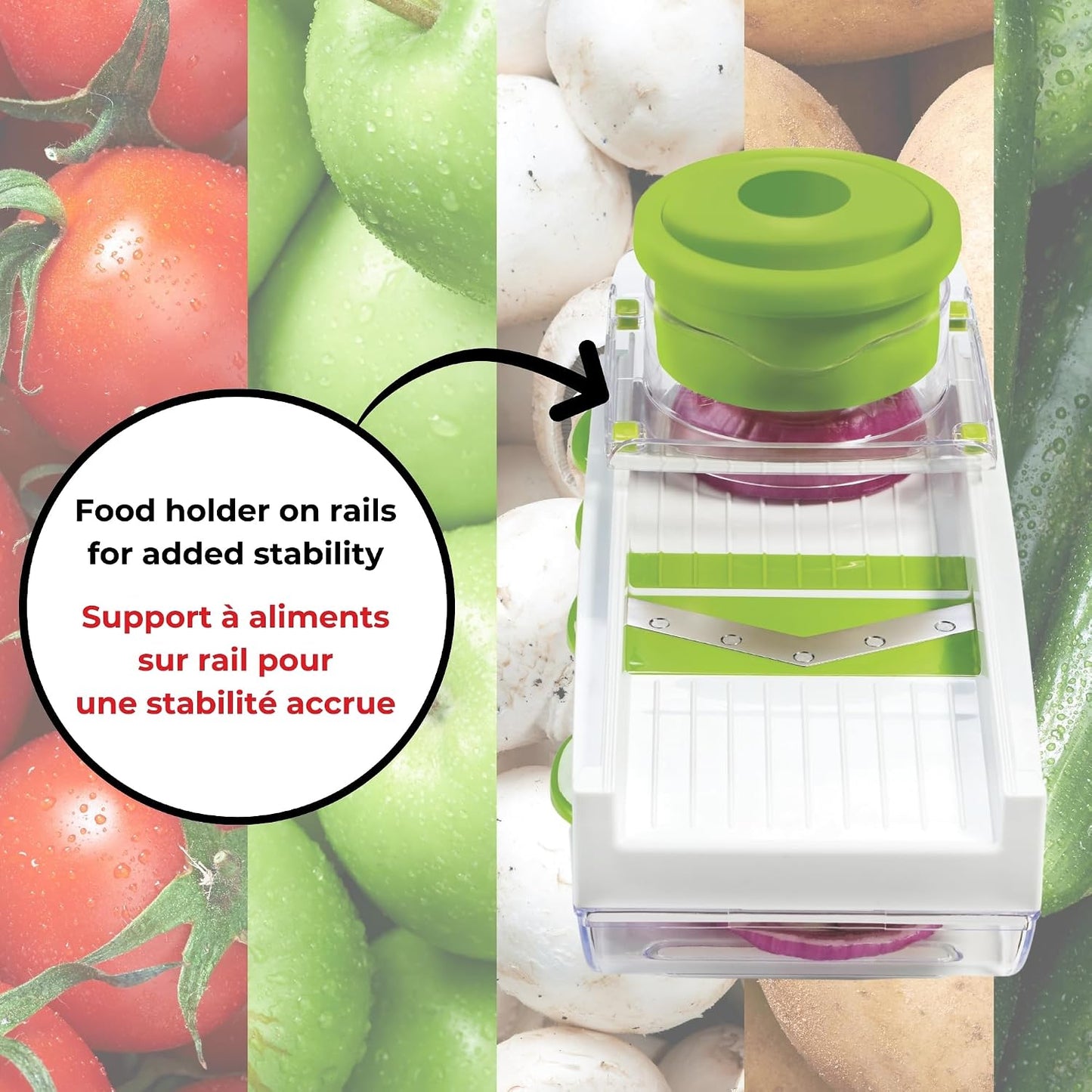 Starfrit Easy Mandoline Slicer, Dicer - 5-Blades - Straight & Crinkle Blades, Julienne, Grater & Shredder - Self-Feeding Pusher - Catch Base for Storage and Food Container