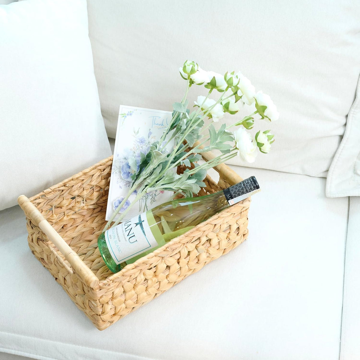 NAYA 11.6" Water Hyacinth Medium Wicker Shelf Basket – Storage Bin | Handwoven water hyacinth shelf basket with sturdy handles for pantry, towels and everyday home organization.