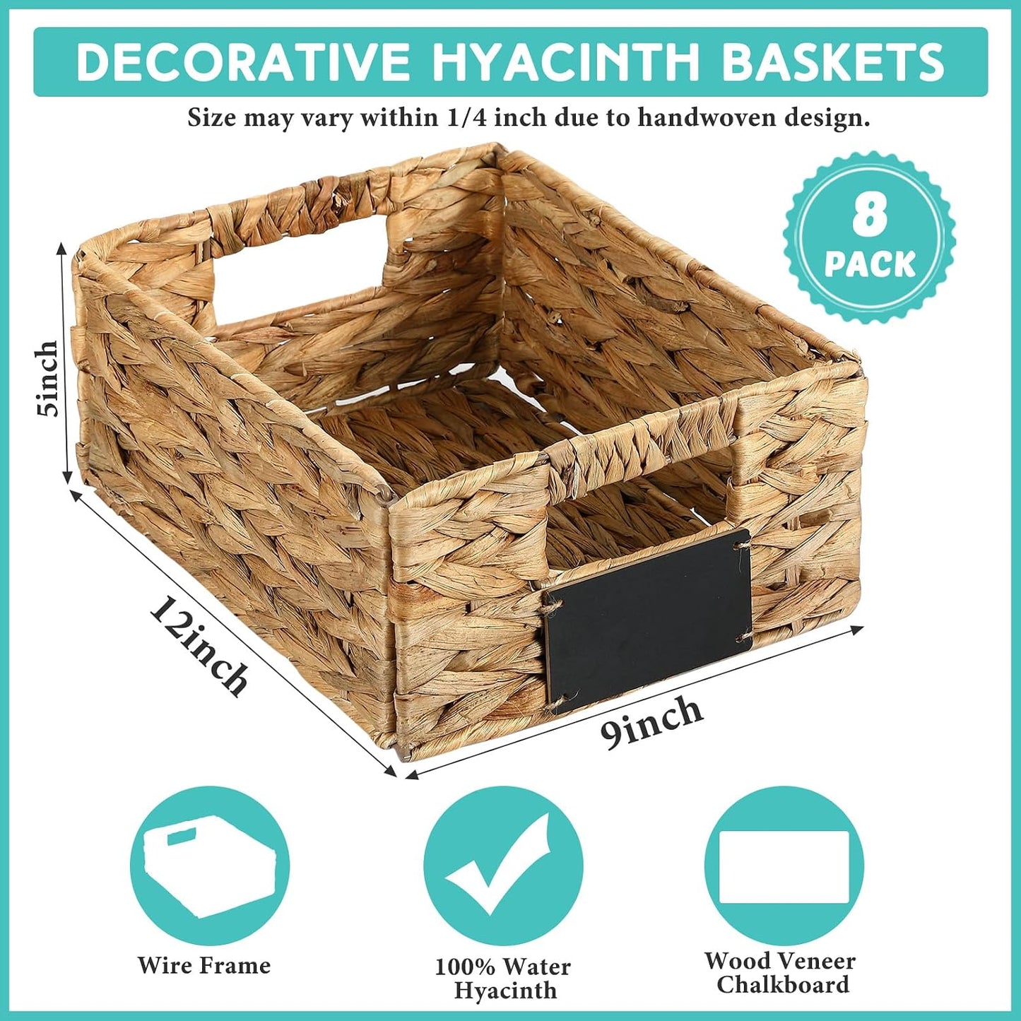 Nitial 8 Pcs Wicker Storage Basket, Rectangular Water Hyacinth Storage Basket for Shelving, Foldable Woven Pantry Organizer with Chalkboard Label and Chalk Marker (Natural,12 x 9 x 5 Inch)